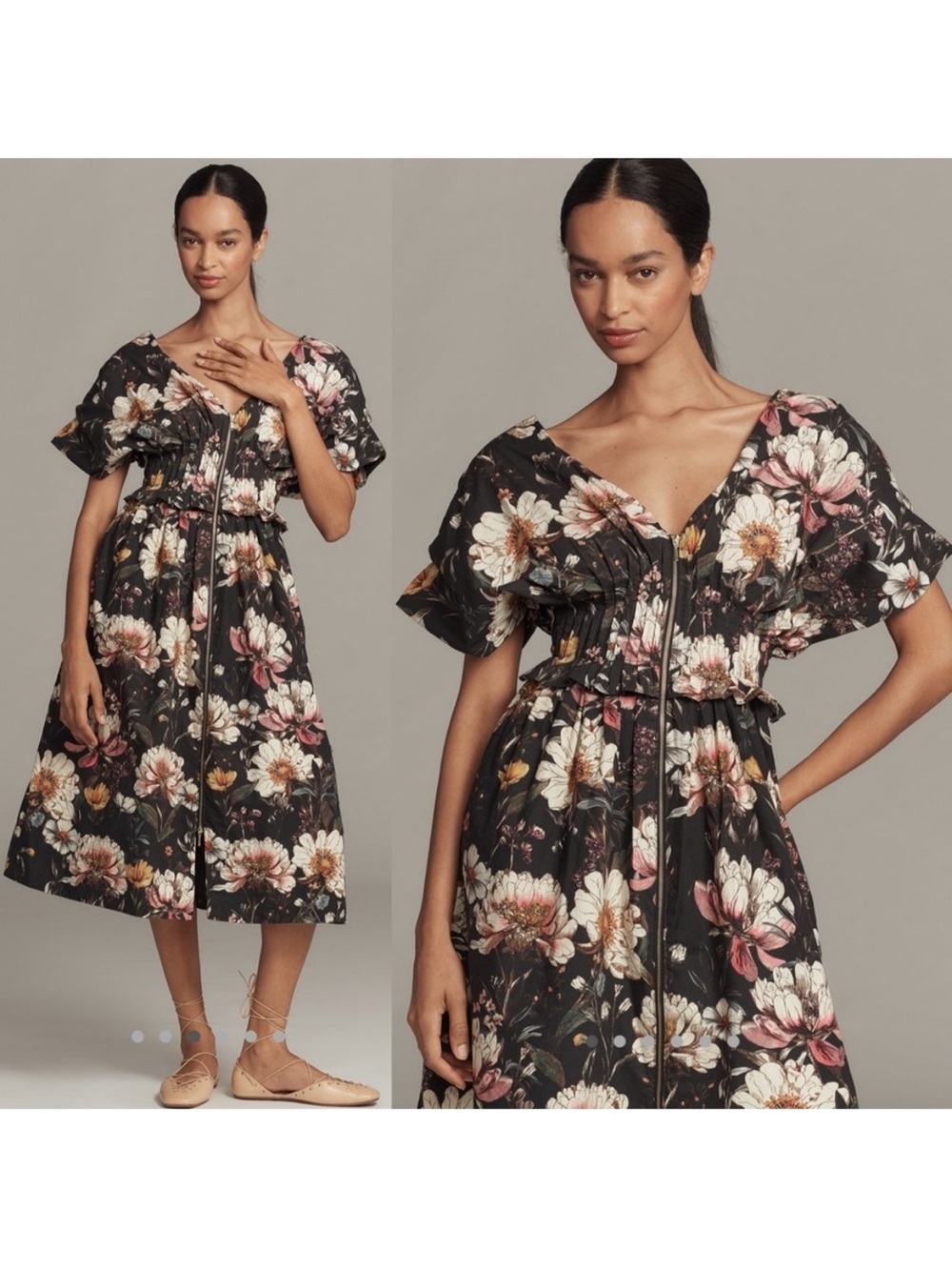 Anthropologie Black Floral Zip-Front Midi Dress